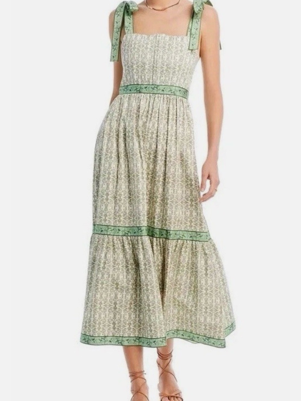 Alice and Olivia Tie-Shoulder Floral Maxi Dress in Green and Cream